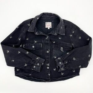 Stoosh Vintage Denim Black Butterfly Print Cropped Jean Jacket Size Large